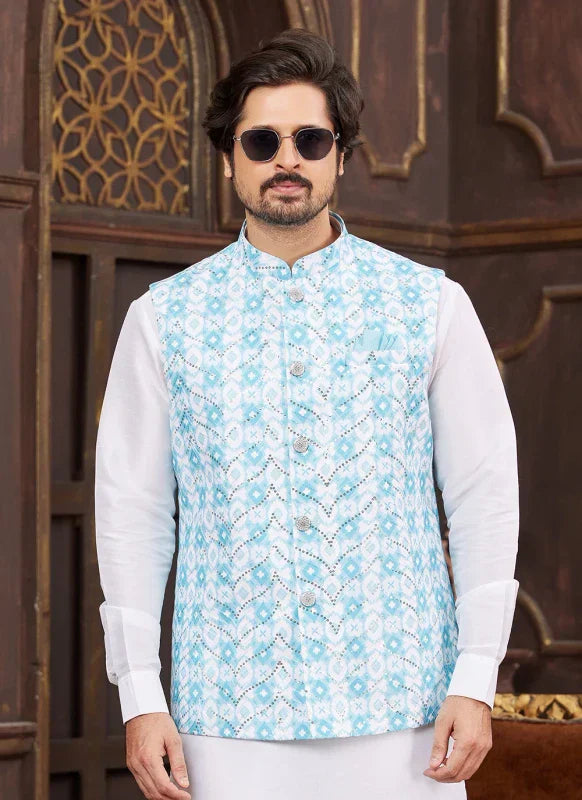 Men's Sky Blue Art Silk Digital Print Jacket Set