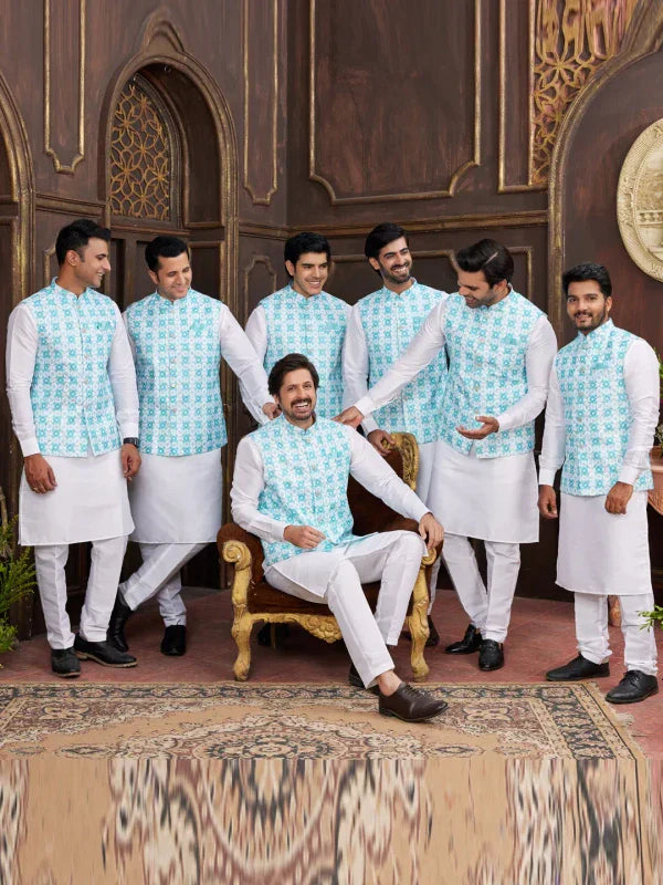Men's Sky Blue Art Silk Digital Print Jacket Set