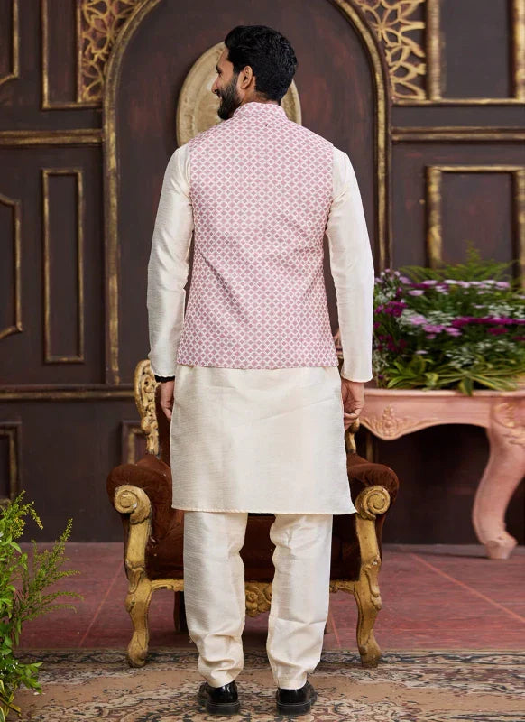 Men's Pink And Beige Art Silk Digital Print Jacket Set