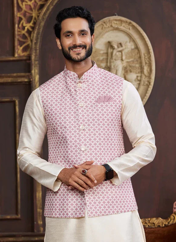 Men's Pink And Beige Art Silk Digital Print Jacket Set