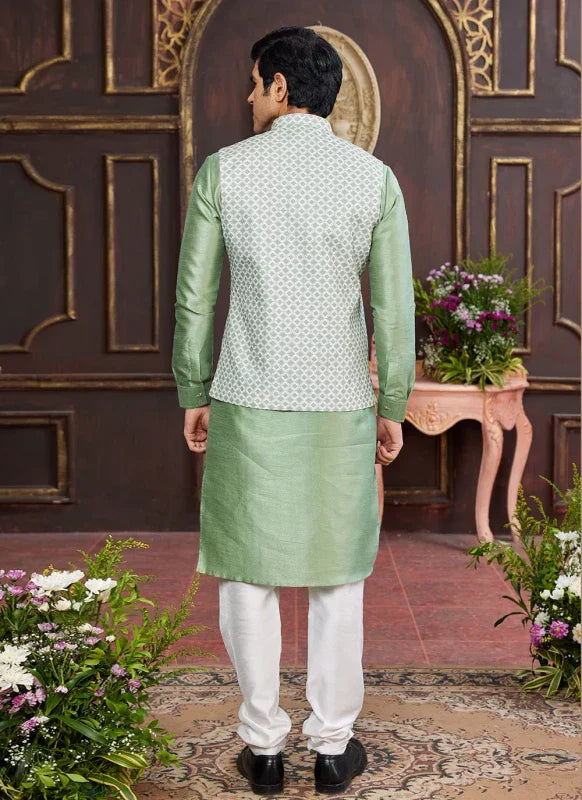 Men's Light Green Art Silk Digital Print Jacket Set