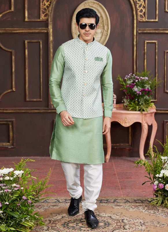Men's Light Green Art Silk Digital Print Jacket Set
