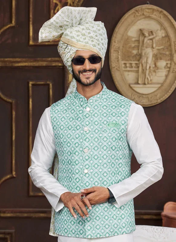 Men's Sea Green Art Silk Digital Print Jacket Set