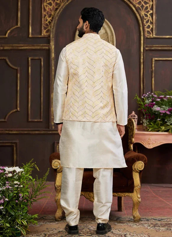 Men's Light Yellow Art Silk Digital Print Jacket Set