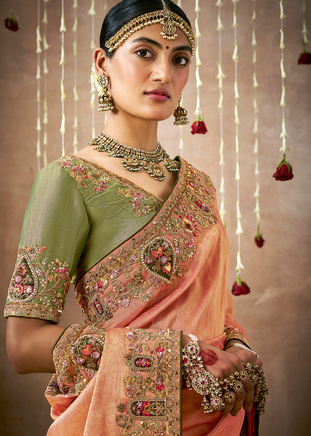 Shades Of Orange Zari Woven Tissue Dola Silk Saree having Sequence, Pearl, Mirror & Thread Work: Festival Edition - qivii