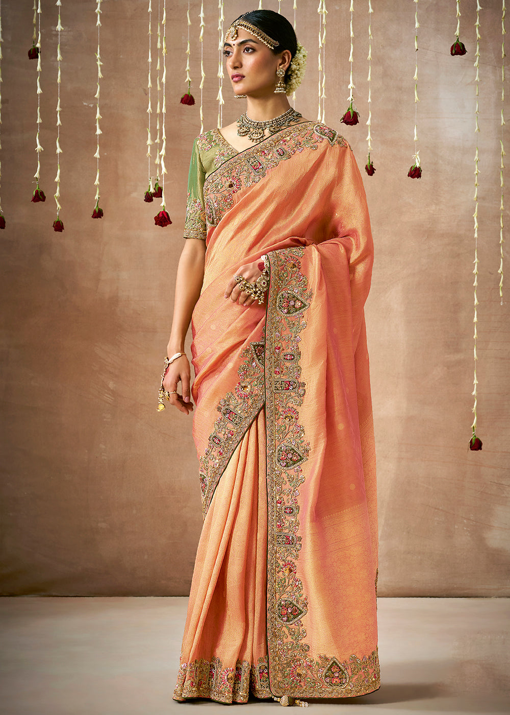 Shades Of Orange Zari Woven Tissue Dola Silk Saree having Sequence, Pearl, Mirror & Thread Work: Festival Edition - qivii