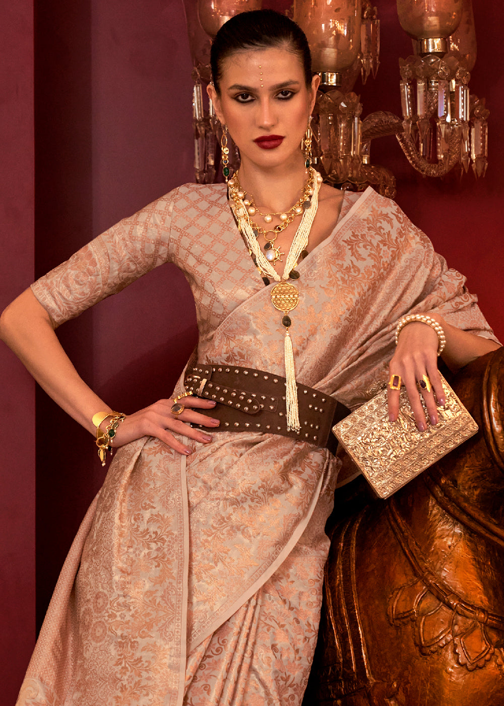 Brownish Grey Zari Woven Banarasi Brocade Silk Saree - qivii