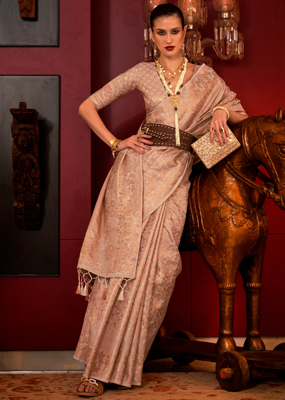 Brownish Grey Zari Woven Banarasi Brocade Silk Saree - qivii