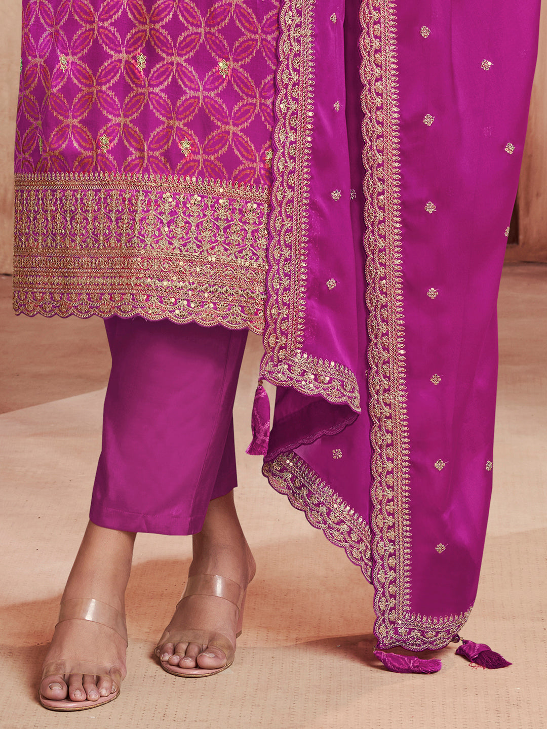 Magenta Print With Embroidery Straight Kurta With Trousers And Embroidery Dupatta