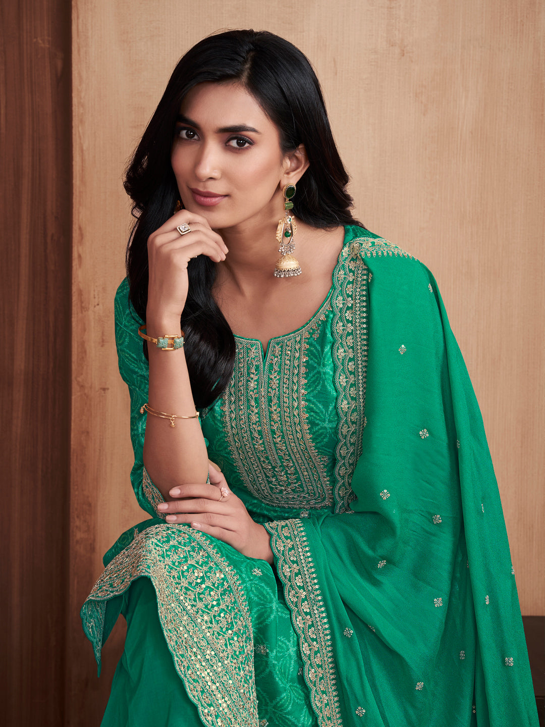 Green Print With Embroidery Straight Kurta With Trousers And Embroidery Dupatta