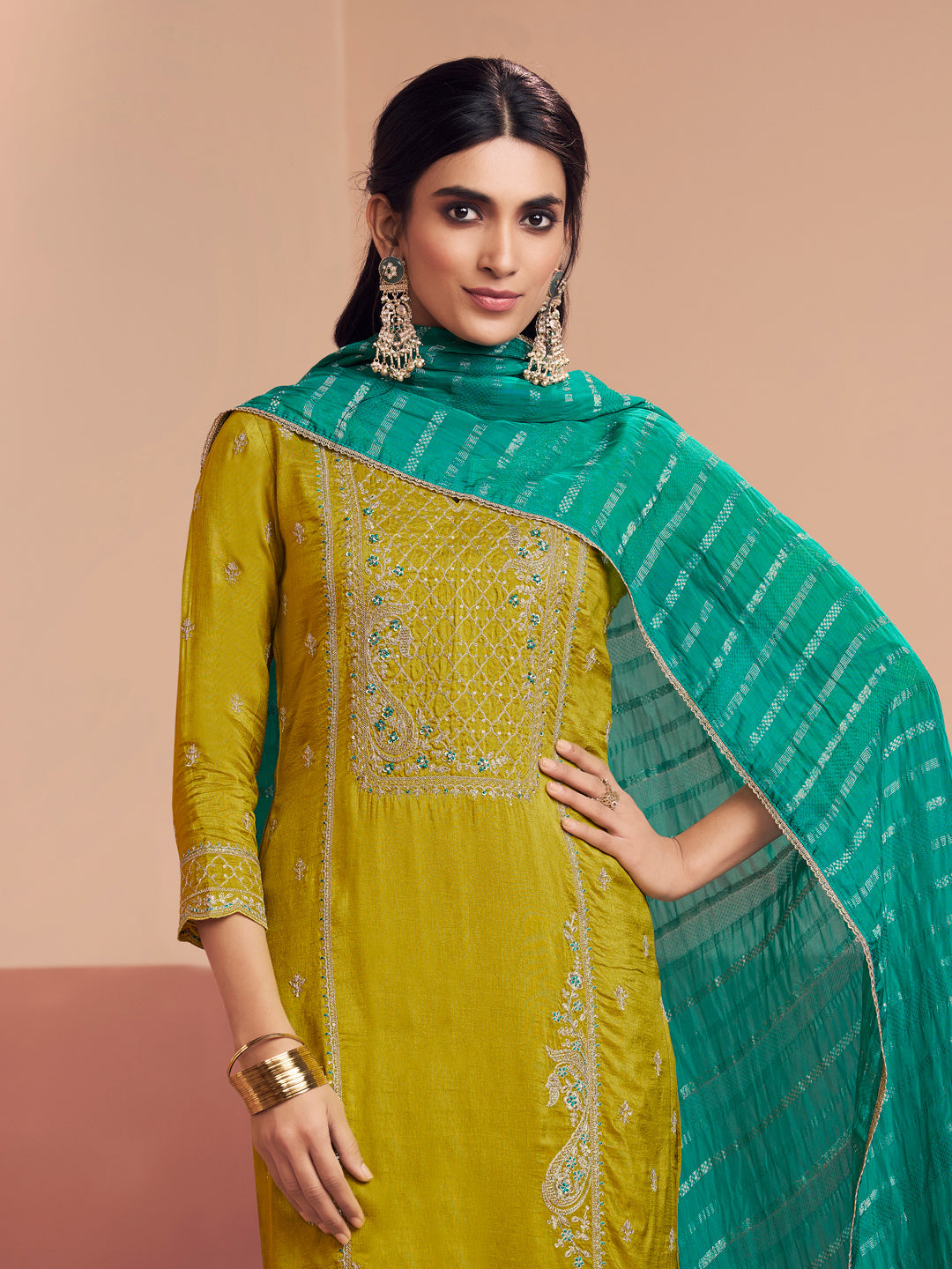 Mustard Embroidery Straight Kurta With Dyed Trousers And Jacquard Dupatta