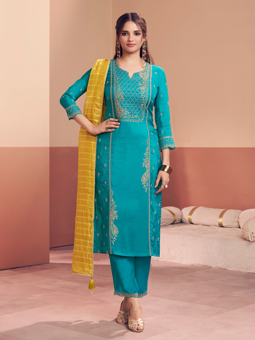 Teal Embroidery Straight Kurta With Dyed Trousers And Yellow Jacquard Dupatta