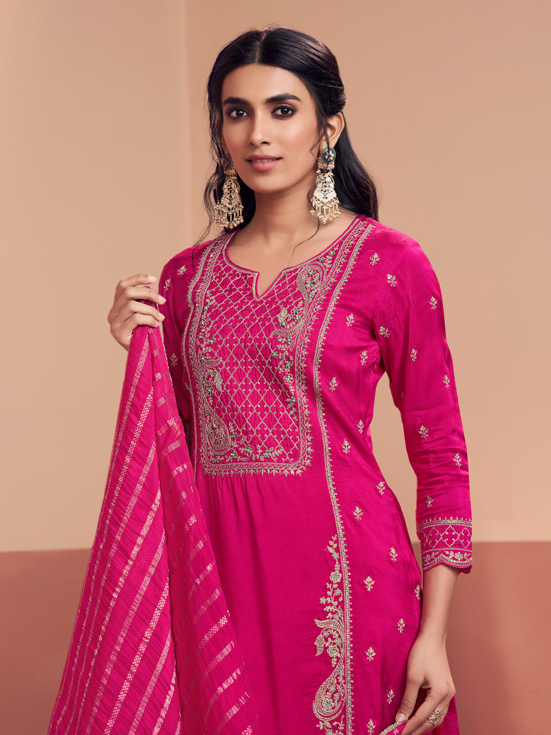 Pink Embroidery Straight Kurta With Dyed Trousers And Jacquard Dupatta