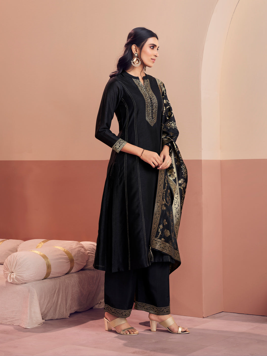 Black Embroidery A-Line Kurta With Palazzo And Jacquaed Dupatta