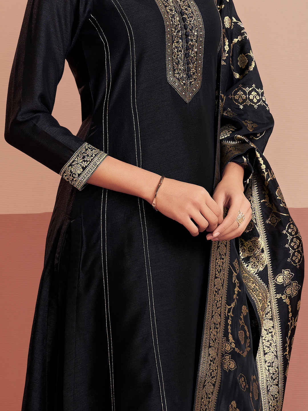 Black Embroidery A-Line Kurta With Palazzo And Jacquaed Dupatta