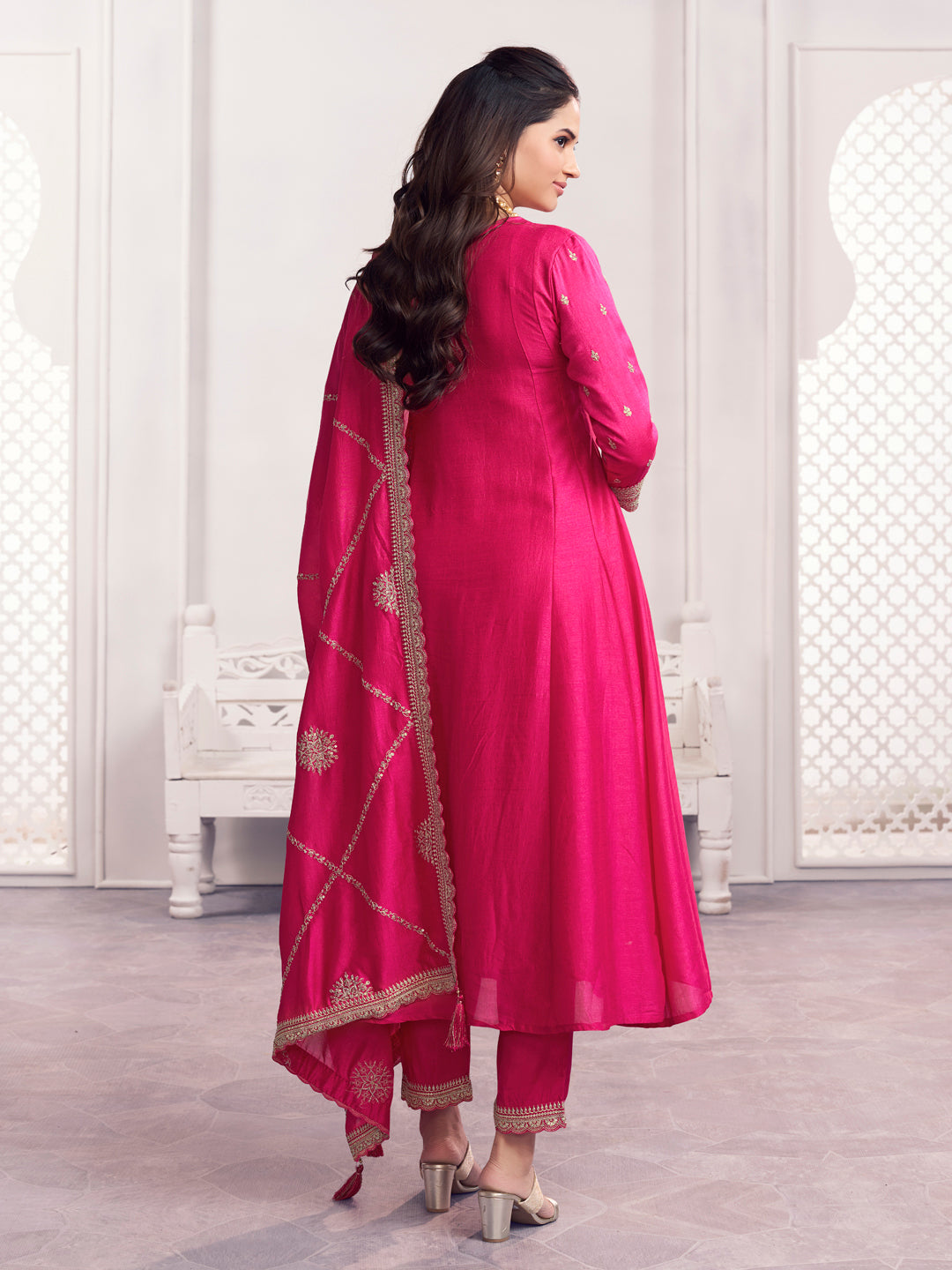 Pink Embroidery A-Line Kurta With Dyed Trousers And Jaal Embroidery Dupatta