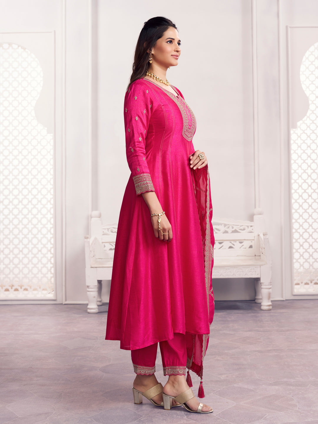 Pink Embroidery A-Line Kurta With Dyed Trousers And Jaal Embroidery Dupatta