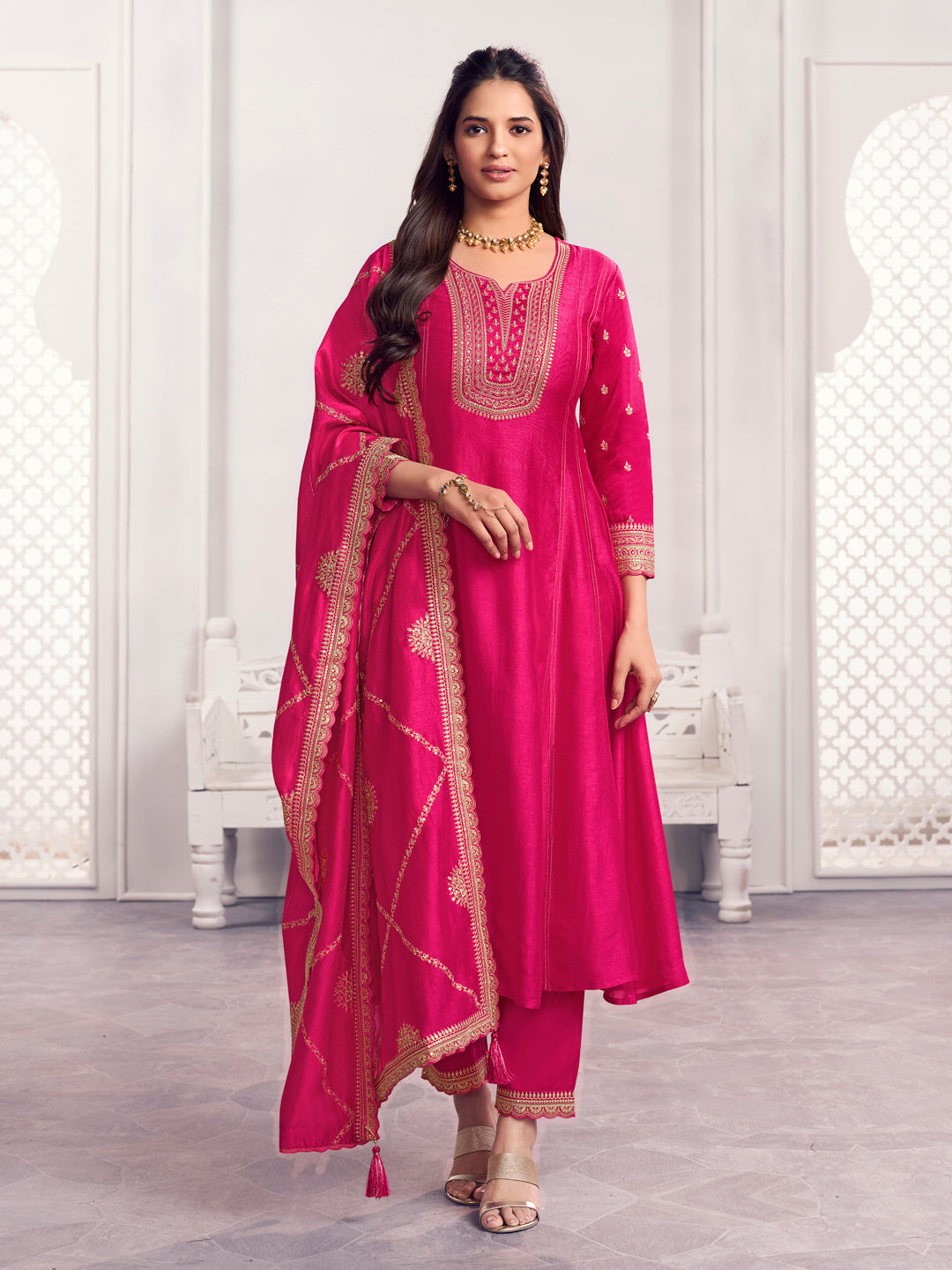Pink Embroidery A-Line Kurta With Dyed Trousers And Jaal Embroidery Dupatta