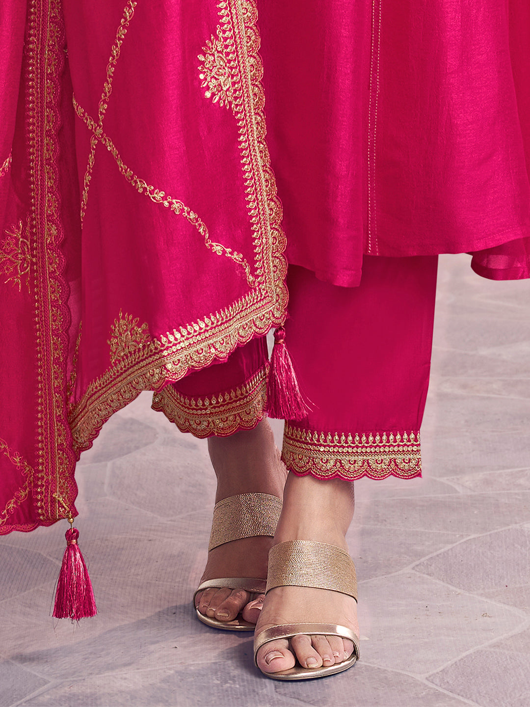 Pink Embroidery A-Line Kurta With Dyed Trousers And Embroidery Dupatta