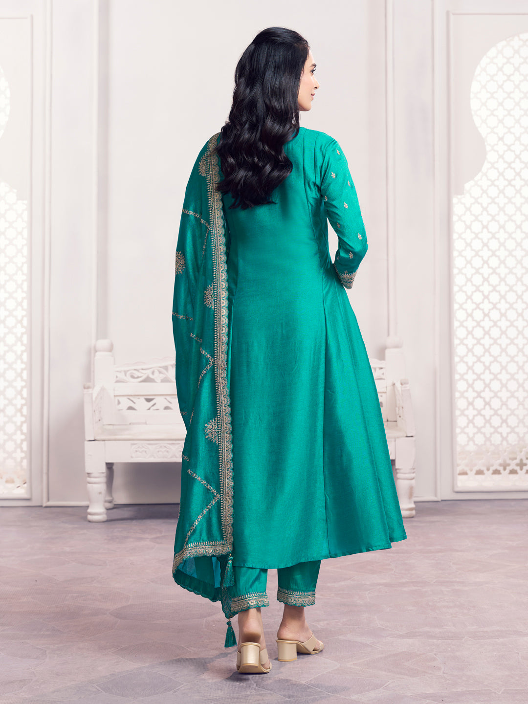 Green Embroidery A-Line Kurta With Dyed Trousers And Embroidery Dupatta