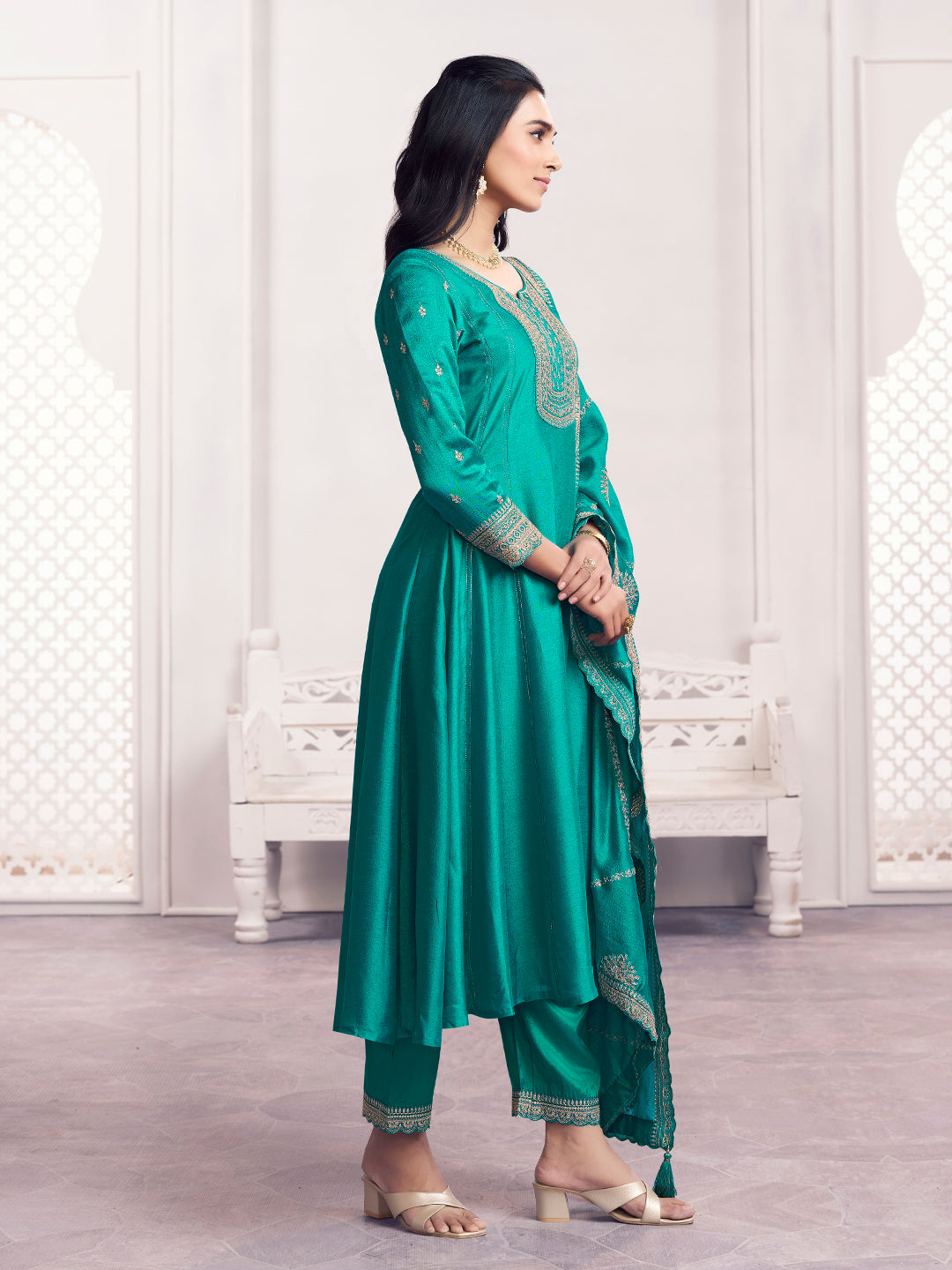 Green Embroidery A-Line Kurta With Dyed Trousers And Embroidery Dupatta