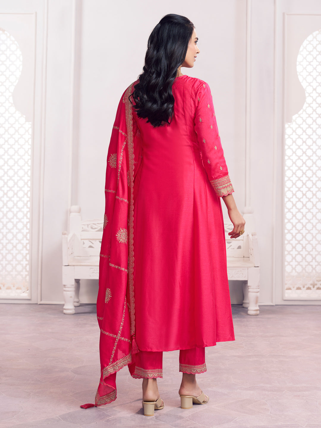 Pink Embroidery A-Line Kurta With Dyed Trousers And Embroidery Dupatta