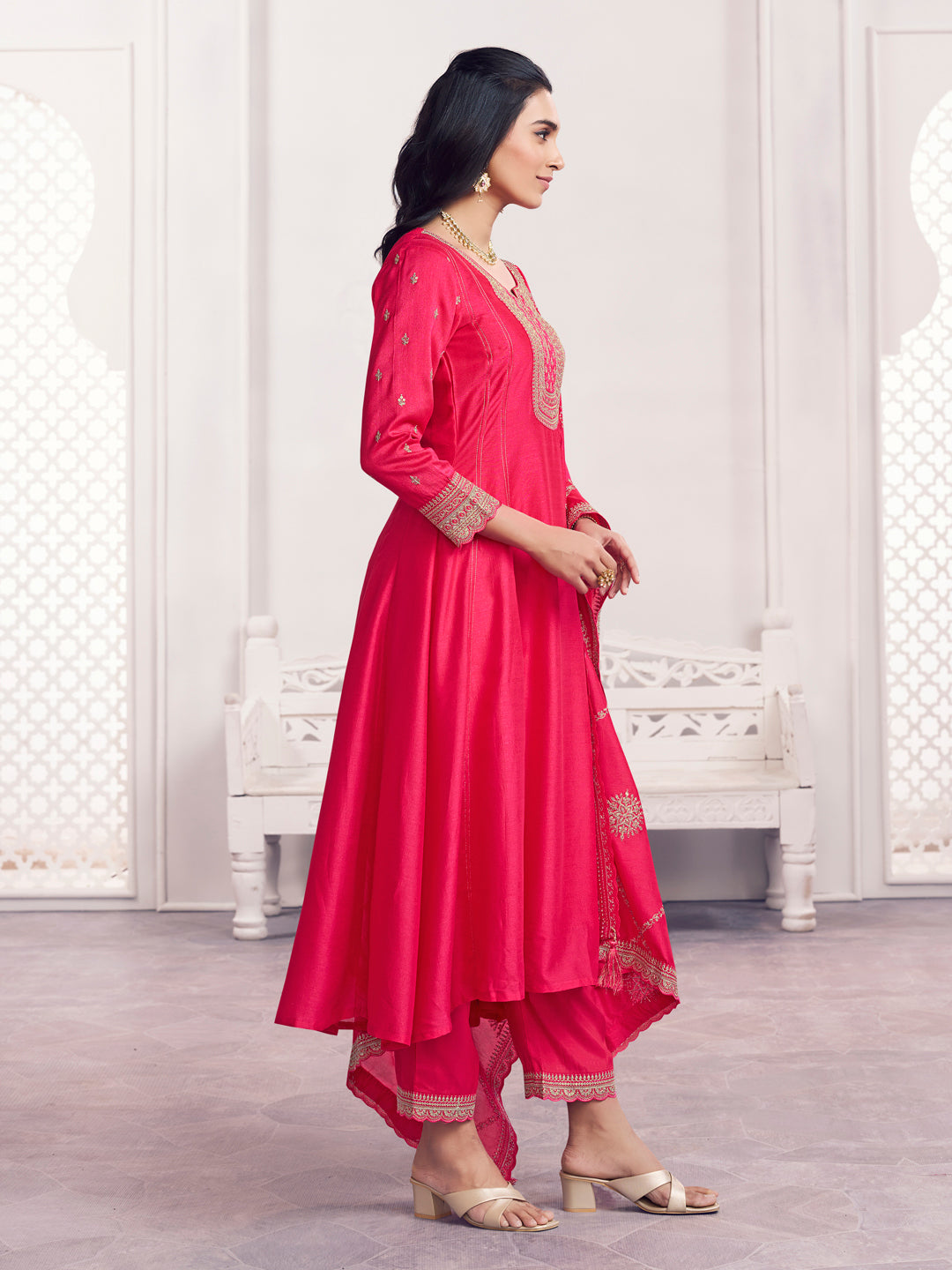 Pink Embroidery A-Line Kurta With Dyed Trousers And Embroidery With Mina Dupatta