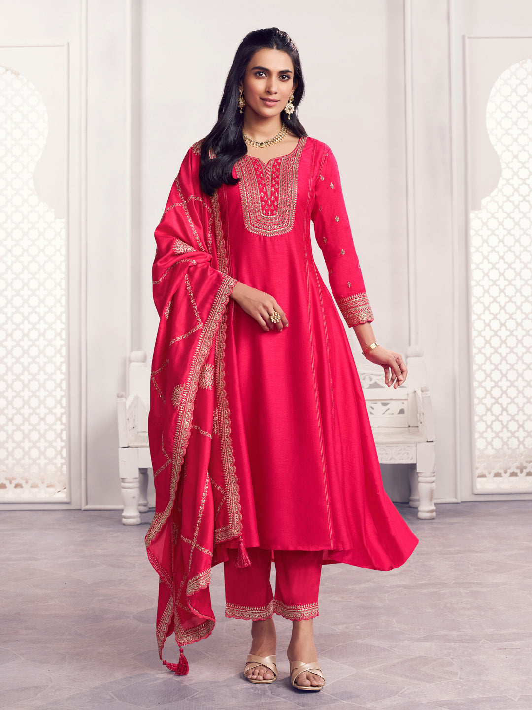 Pink Embroidery A-Line Kurta With Dyed Trousers And Embroidery Dupatta
