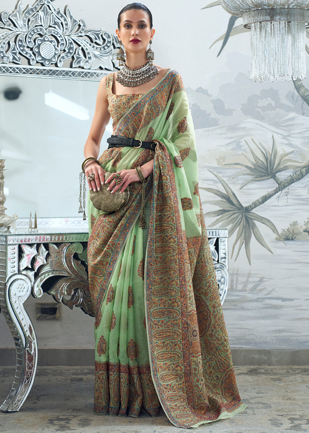 Cool Green Kashmiri Handloom Weaving Silk Saree - qivii