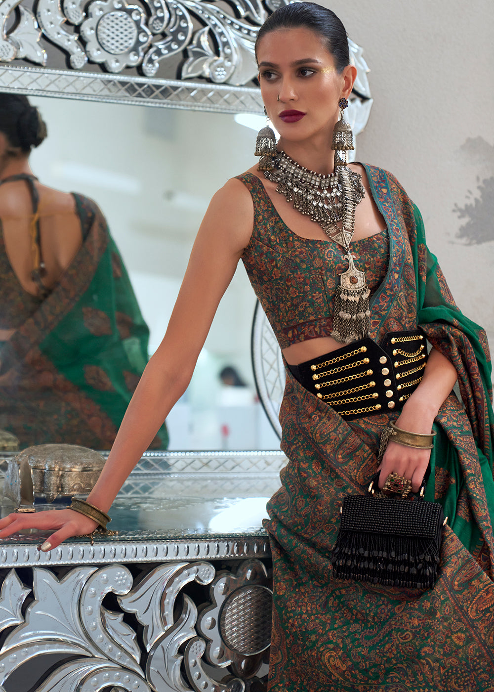 Jade Green Kashmiri Handloom Weaving Silk Saree - qivii