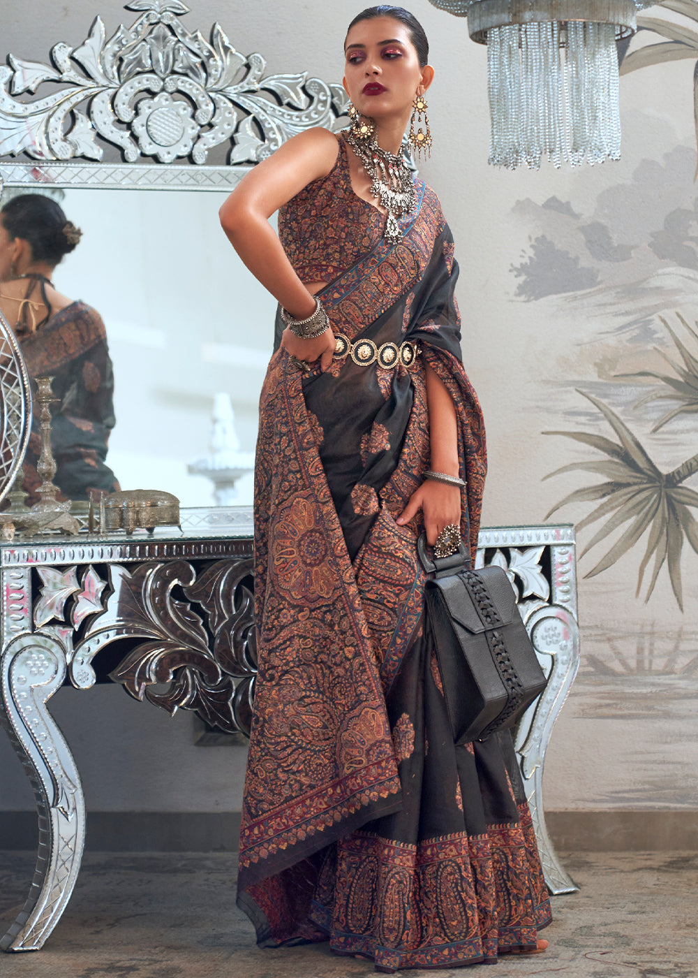 Midnight Black Kashmiri Handloom Weaving Silk Saree - qivii