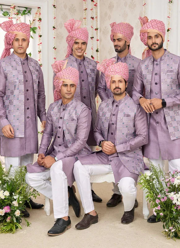 Men's Onion Pink Art Silk Embroidery Work Jacket Set