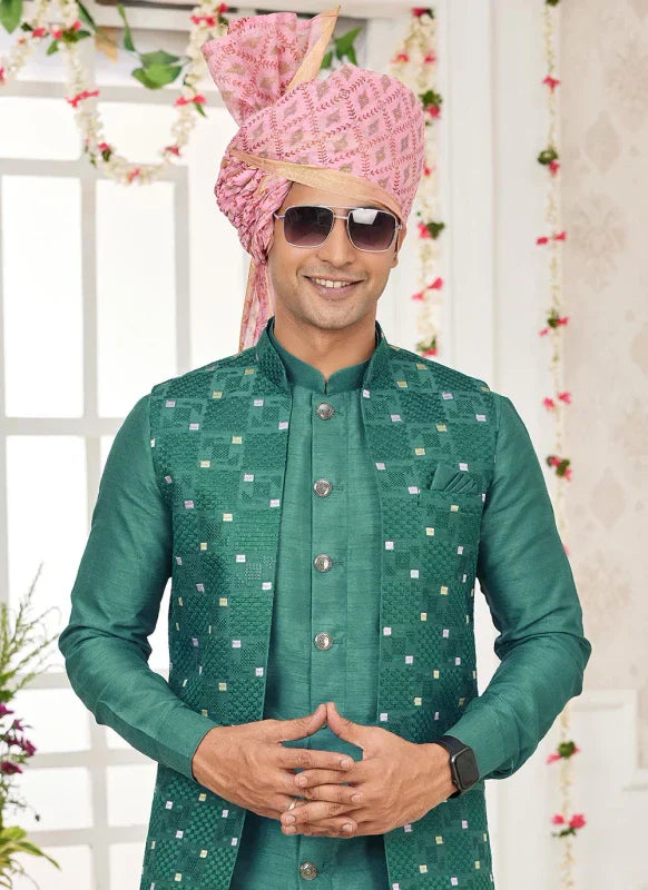 Men's Green Art Silk Embroidery Work Jacket Set