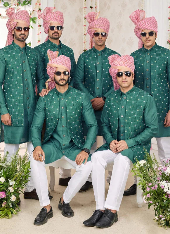 Men's Green Art Silk Embroidery Work Jacket Set