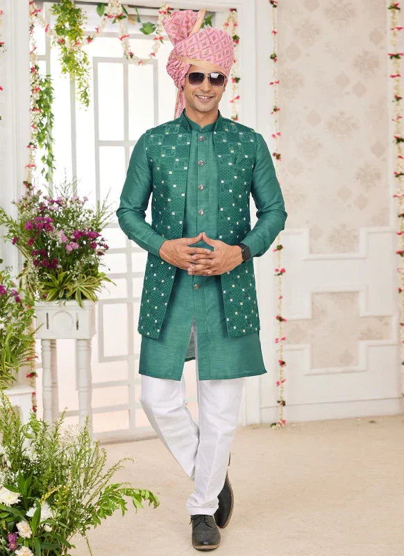 Men's Green Art Silk Embroidery Work Jacket Set