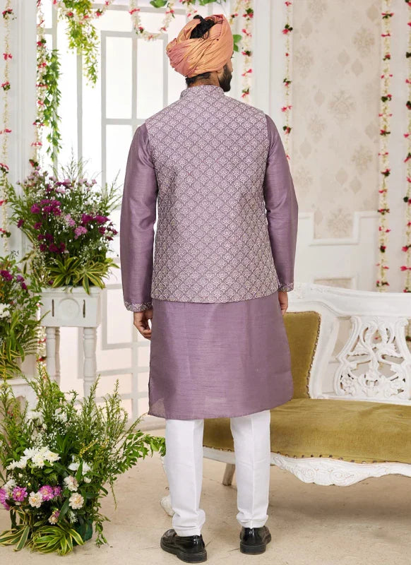 Men's Dark Onion Pink Art Silk Embroidery Work Jacket Set