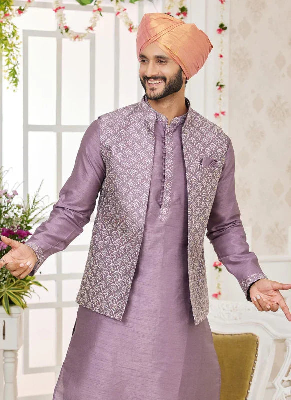 Men's Dark Onion Pink Art Silk Embroidery Work Jacket Set