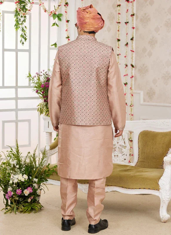 Men's Peach Art Silk Embroidery Work Jacket Set