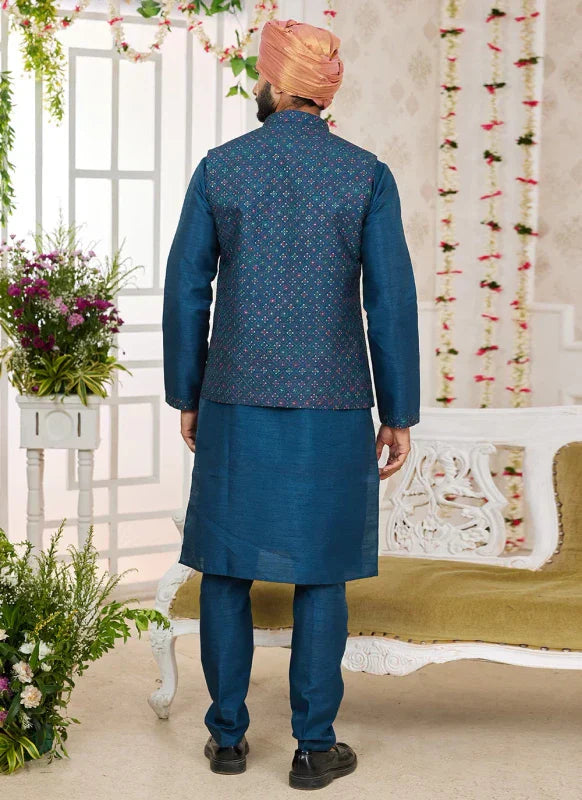 Men's Teal Blue Art Silk Embroidery Work Jacket Set