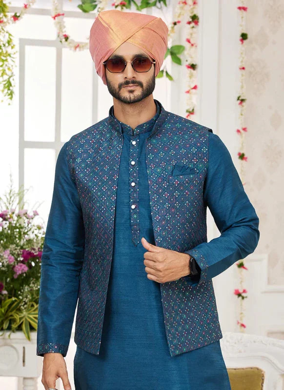 Men's Teal Blue Art Silk Embroidery Work Jacket Set