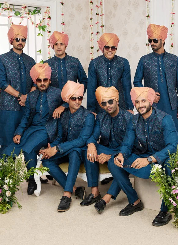 Men's Teal Blue Art Silk Embroidery Work Jacket Set