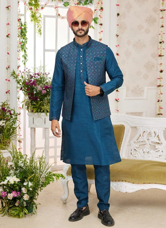 Men's Teal Blue Art Silk Embroidery Work Jacket Set