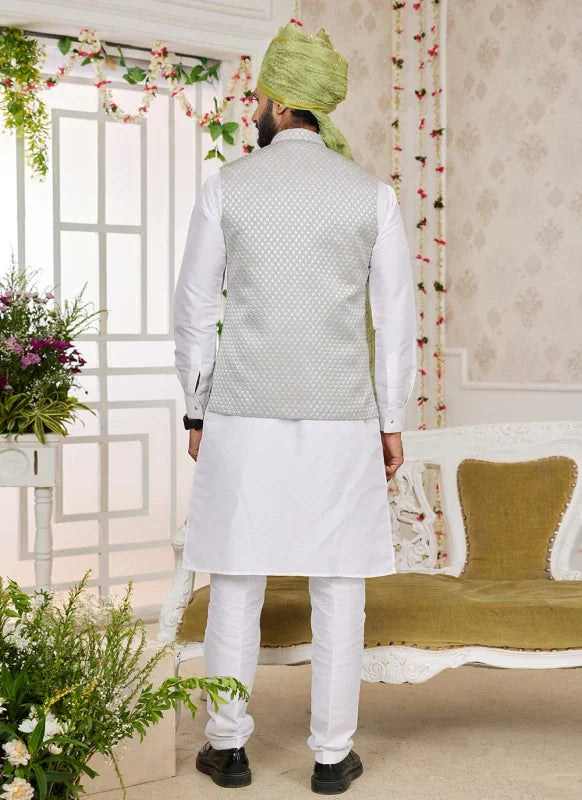 Men's Grey Art Silk Embroidery Work Jacket Set