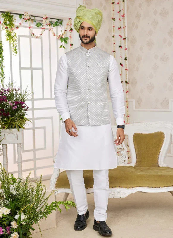 Men's Grey Art Silk Embroidery Work Jacket Set