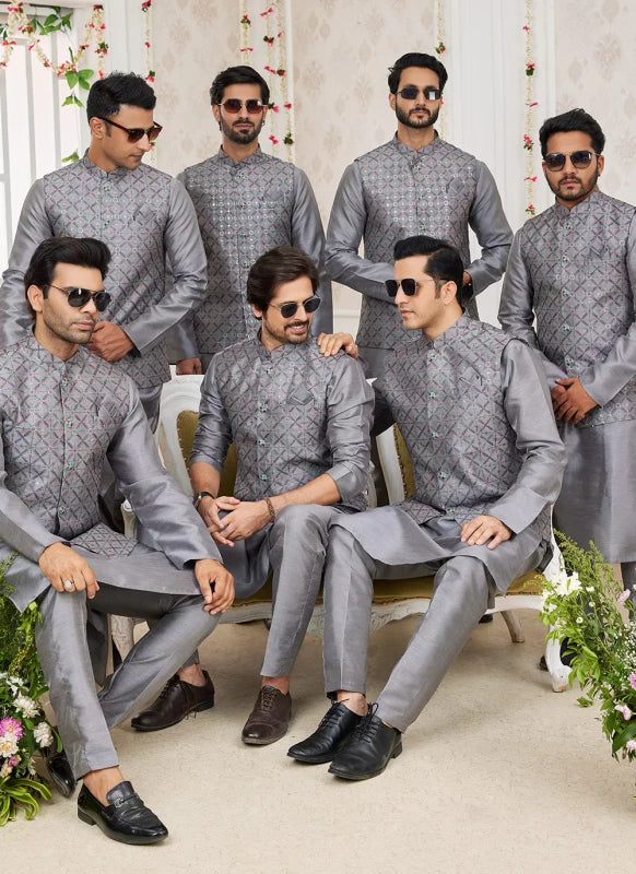 Men's Dark Grey Art Silk Embroidery Work Jacket Set