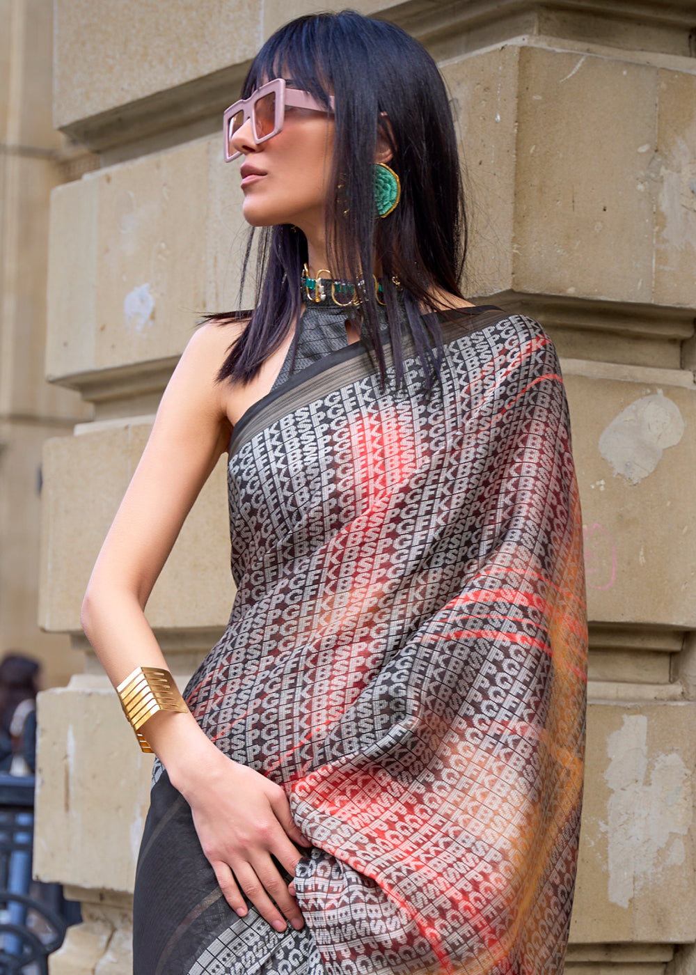 Black & Orange Digital Printed Poly Viscose Saree - qivii