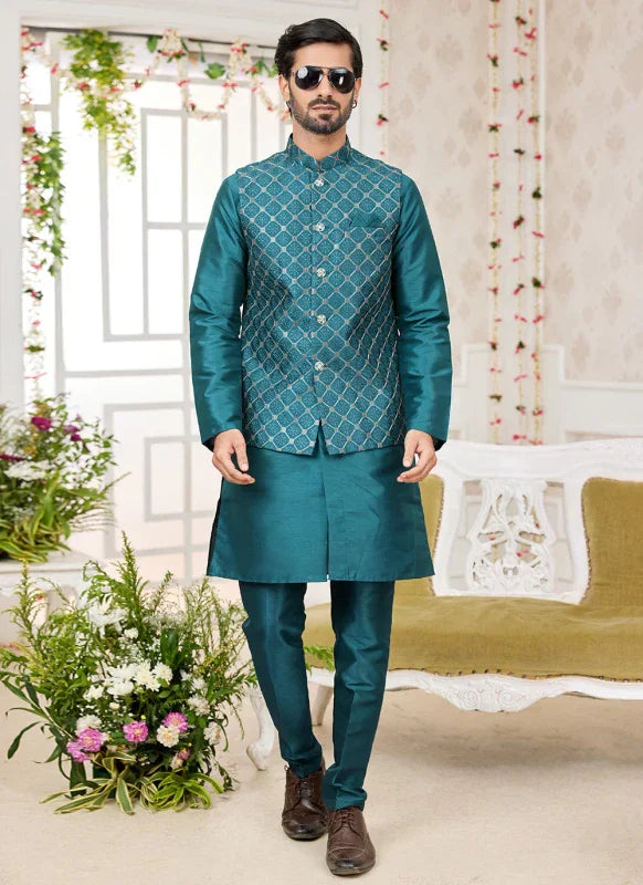 Men's Rama Green Art Silk Embroidery Work Jacket Set