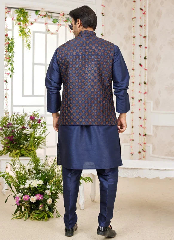 Men's Blue Art Silk Embroidery Work Jacket Set