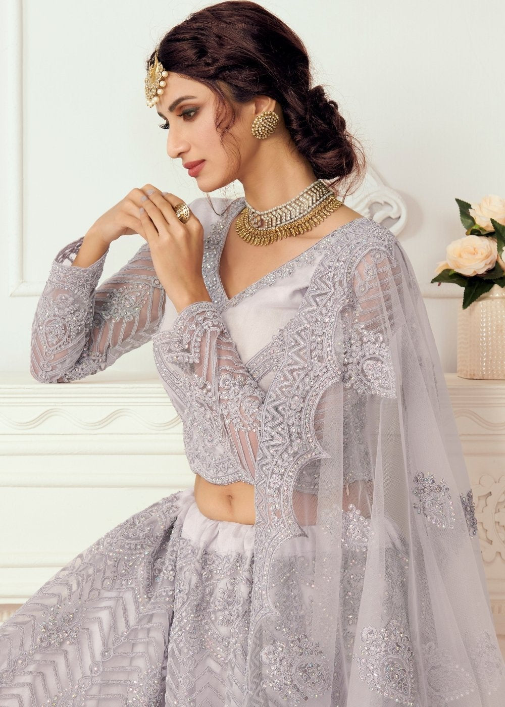 Thistle Purple Soft Net Lehenga Choli with Cording Embroidery & Stonework | Ready To Wear - qivii