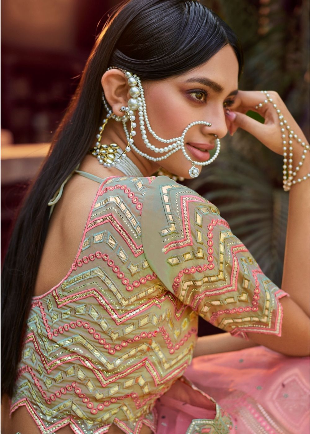 Pista Green Organza Lehenga Choli with Gota & Resham work | Ready To Wear - qivii